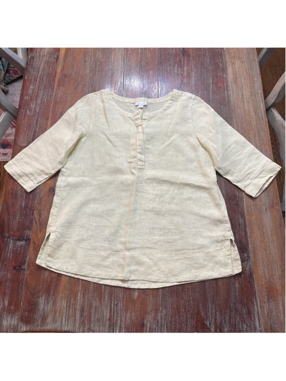 J. Jill Linen Small Petite Yellow White Stripe Split Neck 3/4 Sleeve Tunic